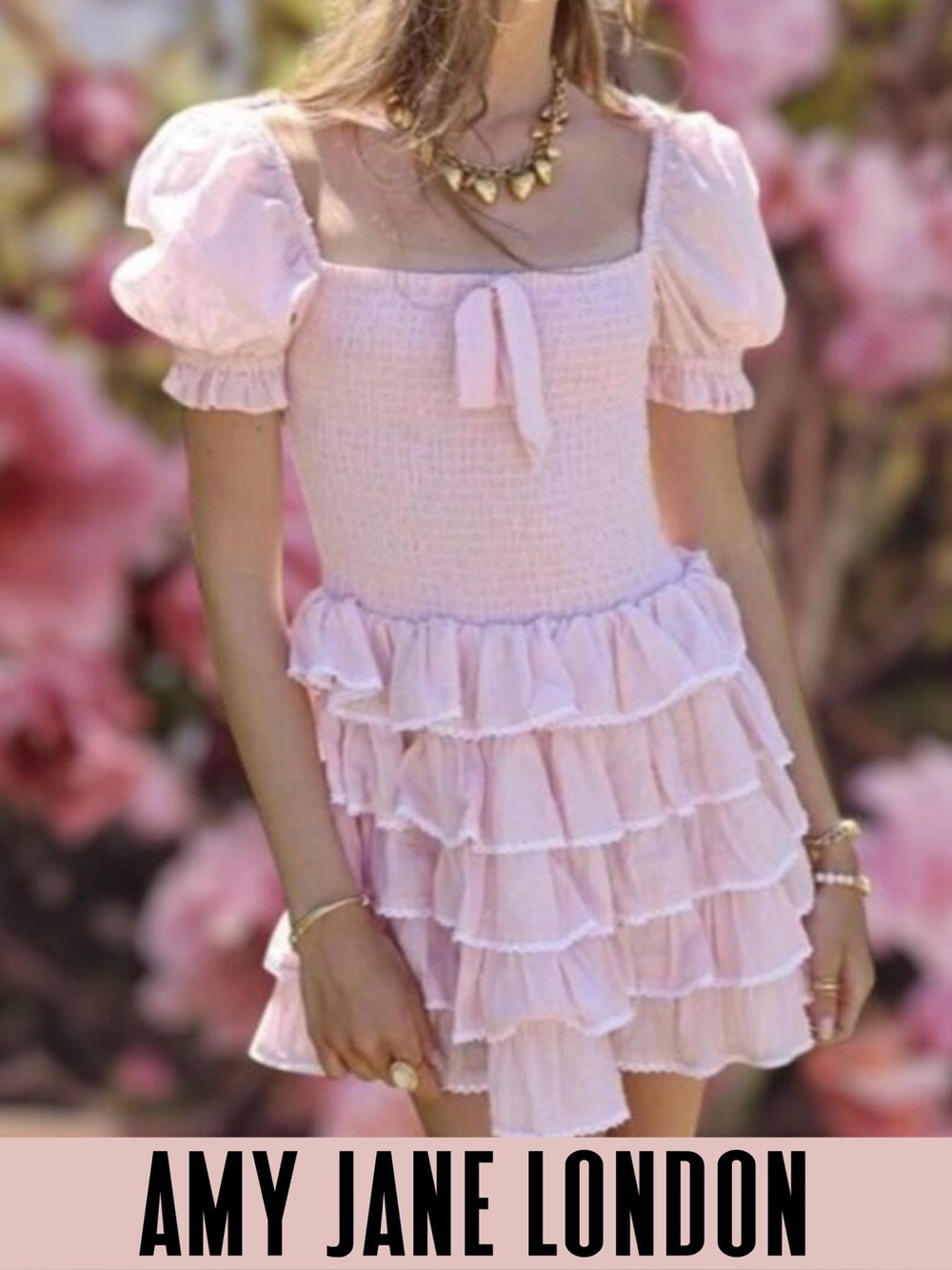 Amy Jane London dress mini tiered ruffled smocked crochet trim Medium